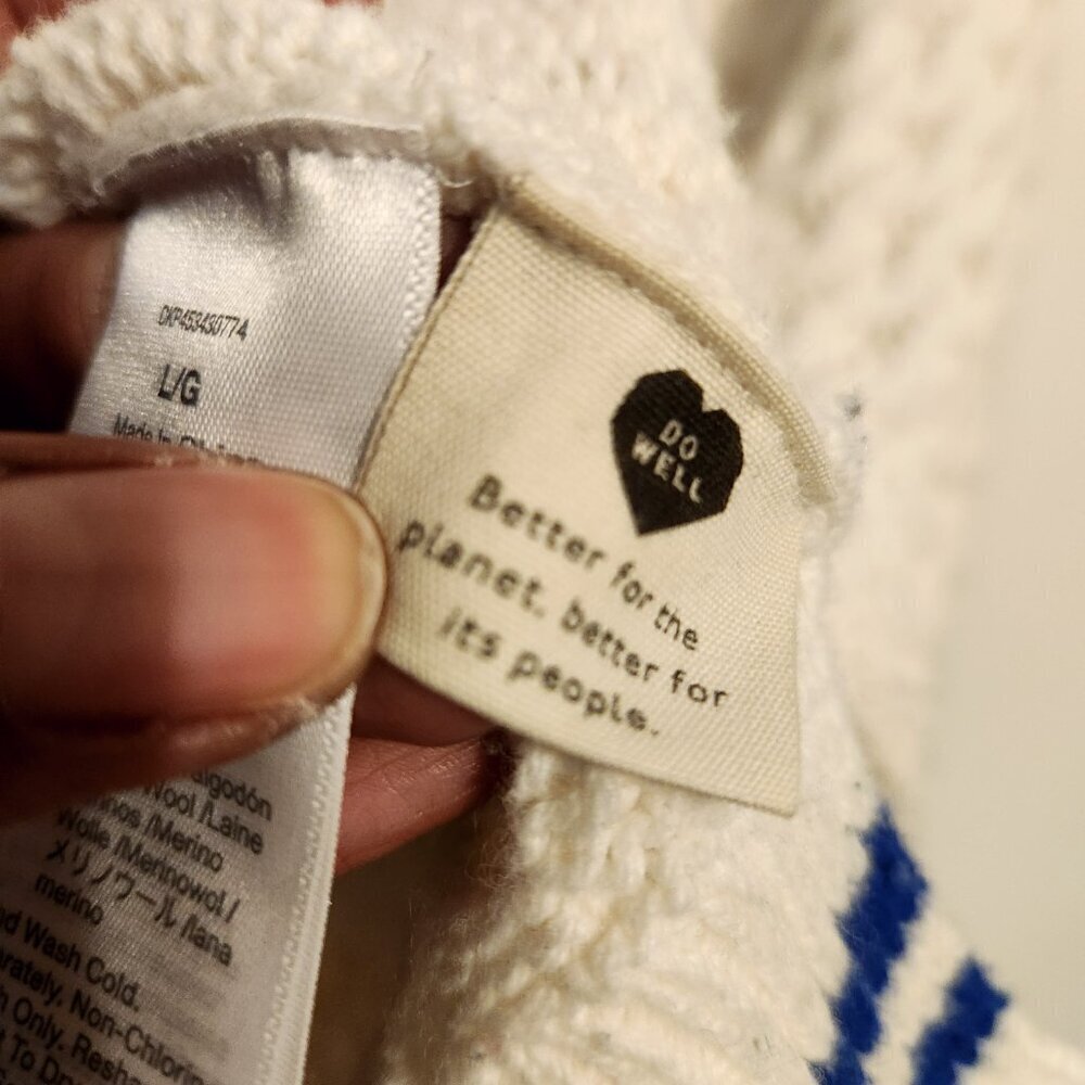 Madewell | Women's White Crewneck Knit Sweater w/ Blue Striped Trim (Size Large) - Picture 9 of 14